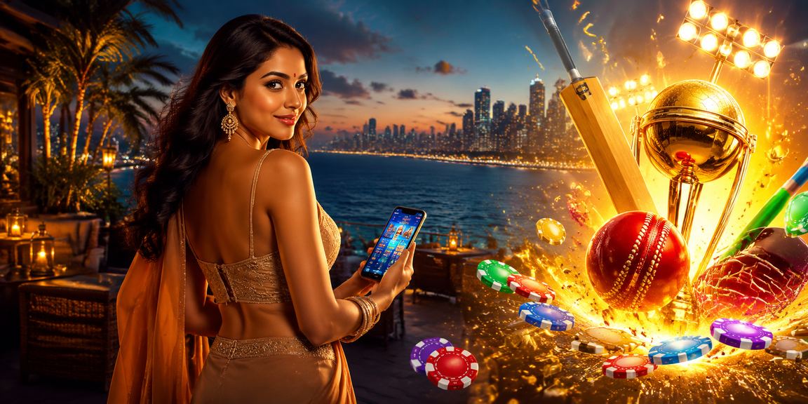 Indian woman enjoying cricket betting on mobile in traditional kurti