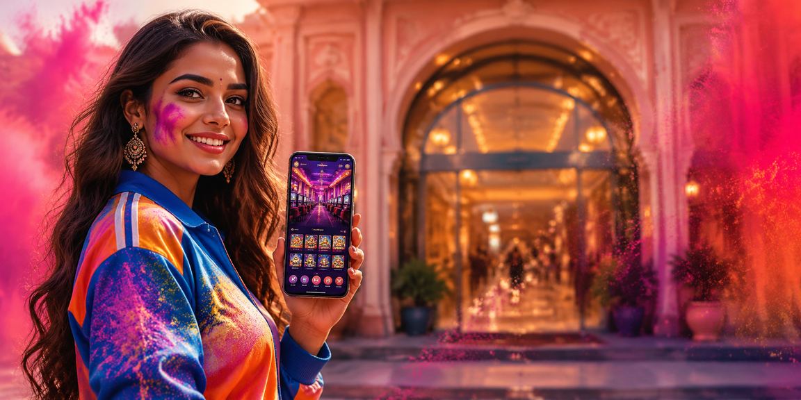 Vibrant Holi festival scene with cricket and betting themes in Jaipur